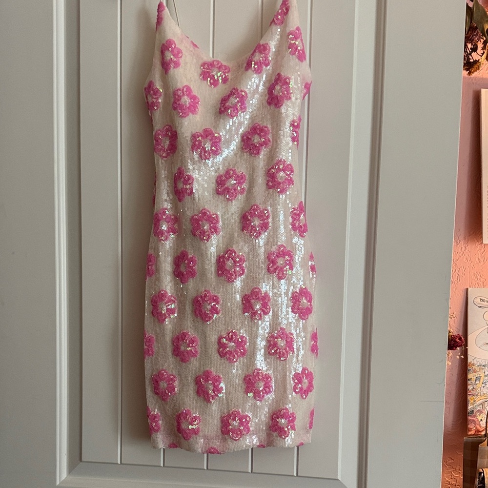Pink Floral Sequin Homecoming Dress